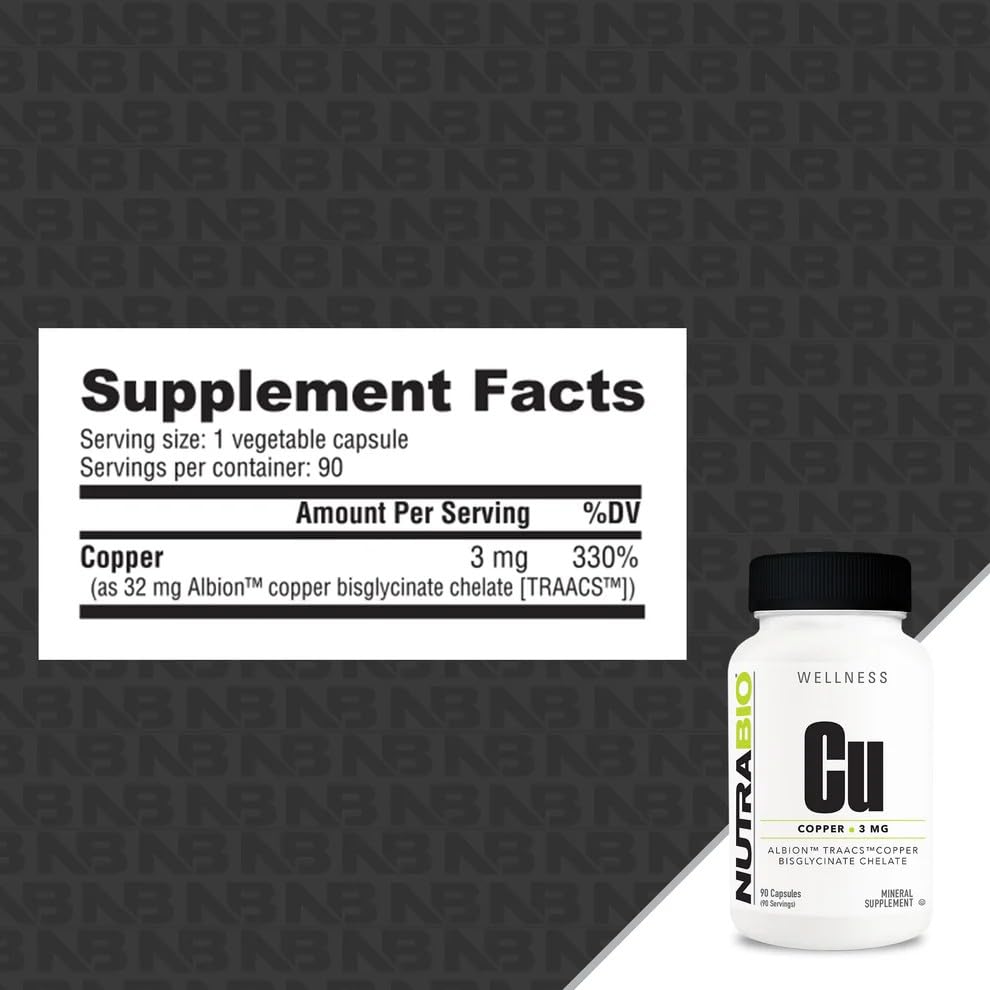 NutraBio Chelated Copper Bisglycinate Supplement (3mg), Immune Support - Copper Supplement- 90 Capsules Nirvana Guru