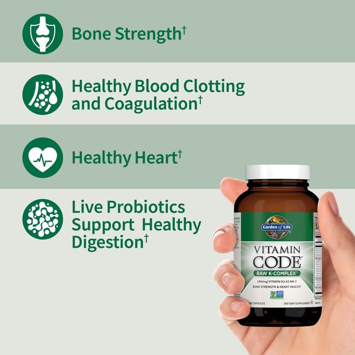 Garden of Life Vitamin K2 and K1, Vitamin Code Vegan K Complex Vitamin for Bone Strength and Heart Health, Vitamin K1 and K2, Omega Rich Flax Seed Oil, Trace Minerals, Probiotics, 60 Day Supply - Nirvana Guru