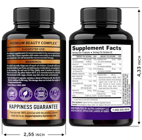 Biotin | Collagen | Keratin - Clinically Tested Supplement - Hair Growth Support, Skin & Nails - 25000 mcg Vitamins B2, B3, B6 & B7 + B1 & Hyaluronic Acid - Made in USA - Women & Men | 60 Capsules