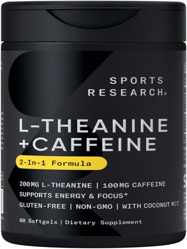 Sports Research L-Theanine Supplement with Caffeine & Coconut MCT Oil - Focused Energy, Alertness & Relaxation Without Drowsiness - 200mg L Theanine, 100mg Organic Caffeine - 60 Liquid Softgels - Nirvana Guru
