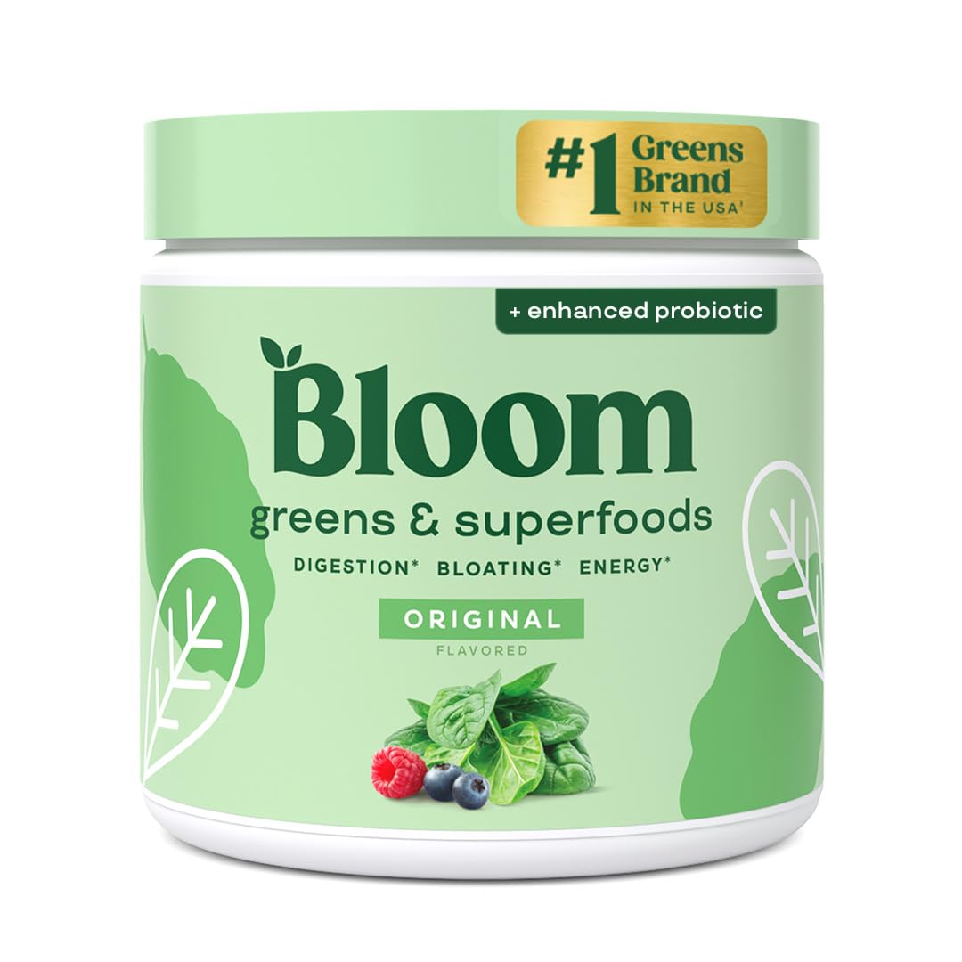 Bloom Nutrition Greens and Superfoods Powder for Digestive Health, Greens Powder, Digestive Enzymes, Probiotics, Spirulina, Chlorella for Bloating & Gut Support, Green Juice, 30 SVG, Strawberry Kiwi