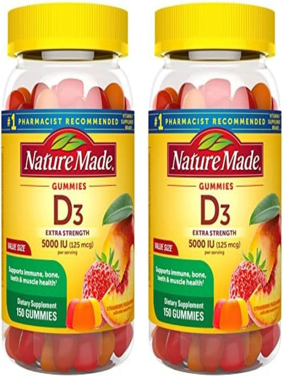 Nature Made Extra Strength Vitamin D3 5000 IU (125 mcg) per serving, Dietary Supplement for Bone, Teeth, Muscle and Immune Health Support, 150 Gummies, 75 Day Supply - Nirvana Guru