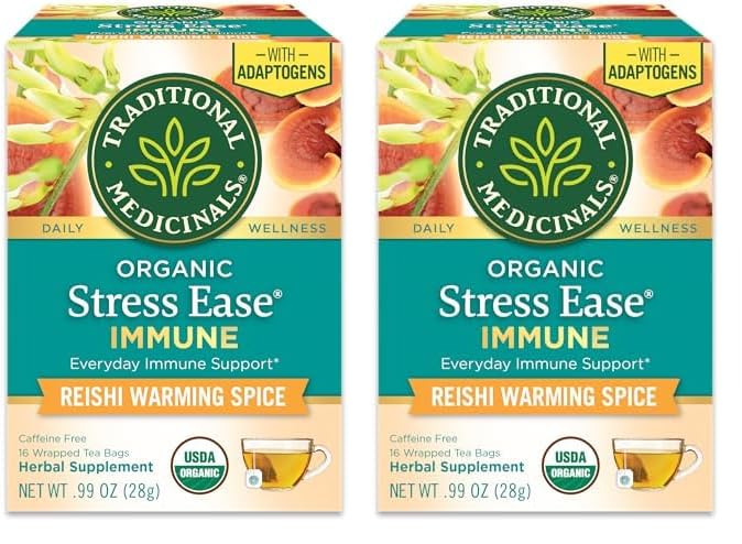 Traditional Medicinals Tea, Organic Stress Ease Immune with Adaptogens, Everyday Immune Support, Reishi Warming Spice, 16 Tea Bags - Nirvana Guru