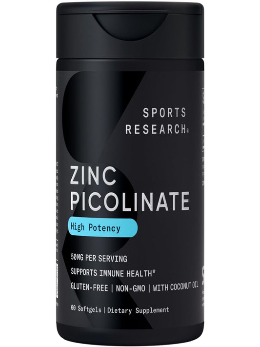 Sports Research Zinc Picolinate 50mg with Organic Coconut Oil | Highly Absorbable Zinc Supplement for Healthy Immune Function - Non-GMO Verified, Gluten & Soy Free (60 Liquid Softgels) - Nirvana Guru