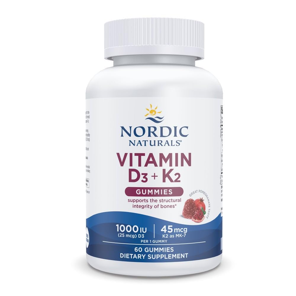 Nordic Naturals Vitamin D3 + K2 Gummies, Pomegranate - 60 Gummies - 1000 IU Vitamin D3 + 45 mcg K2 - Great Taste - Bone Health, Promotes Healthy Muscle Function - Non-GMO - 60 Servings - Nirvana Guru