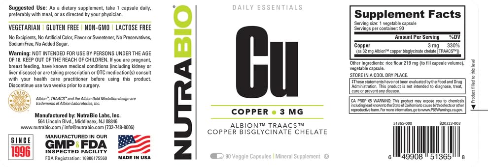 NutraBio Chelated Copper Bisglycinate Supplement (3mg), Immune Support - Copper Supplement- 90 Capsules Nirvana Guru