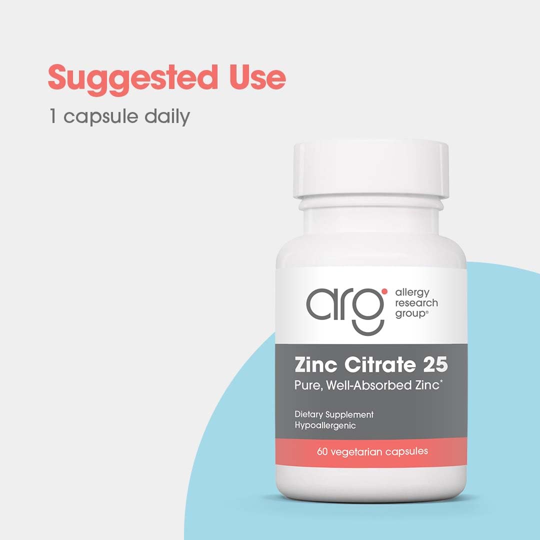 Allergy Research Group Zinc Citrate Supplement - Zinc for Men & Women, Immune Support, Pure, Well-Absorbed, Well-Tolerated, Trace Mineral, 50mg Vegetarian Capsules - 60 Count Nirvana Guru