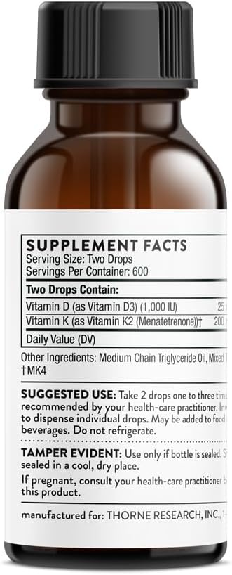 THORNE Vitamin D + K2 Liquid with a metered Dispenser - Vitamins D3 and K2 to Support Healthy Bones and Muscles* - 1 Fl Oz (30 ml) - 600 Servings - Nirvana Guru