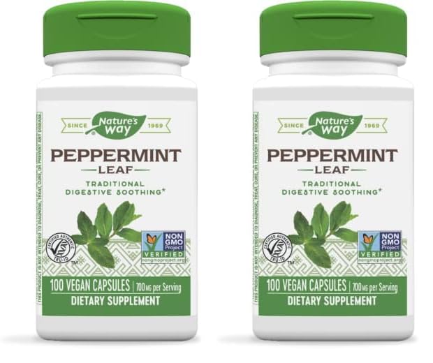 Nature's Way Peppermint Leaf, Traditionally Used to Soothe Digestion*, 700 mg per 2-Capsule Serving, Non-GMO Project Verified, 100 Vegan Capsules (Packaging May Vary) - Nirvana Guru