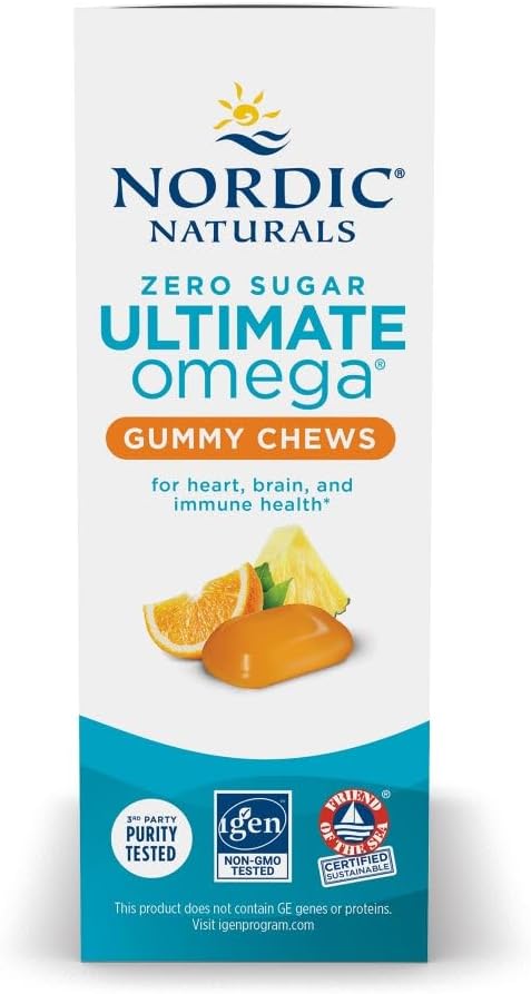 Nordic Naturals Zero Sugar Ultimate Omega Gummy Chews, Tropical Fruit, 54 Gummies, Supports Heart, Brain, and Immune Health, Non-GMO, Vegetarian, 27 Servings - Nirvana Guru