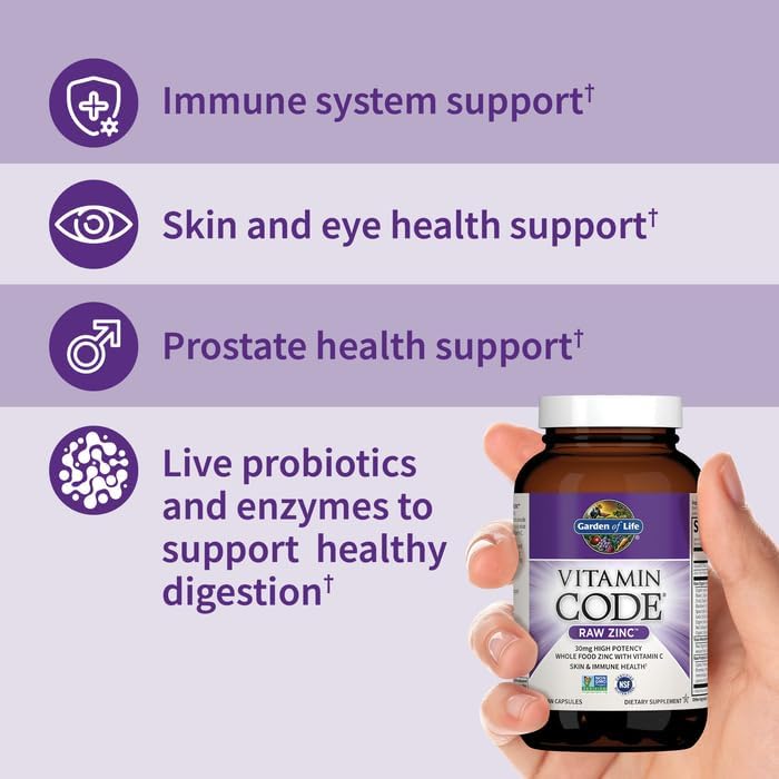 Garden of Life Zinc Supplements 30mg High Potency Raw Zinc and Vitamin C Multimineral Supplement, Vitamin Code Vitamins Trace Minerals & Probiotics for Skin Health & Immune Support, 60 Vegan Capsules - Nirvana Guru