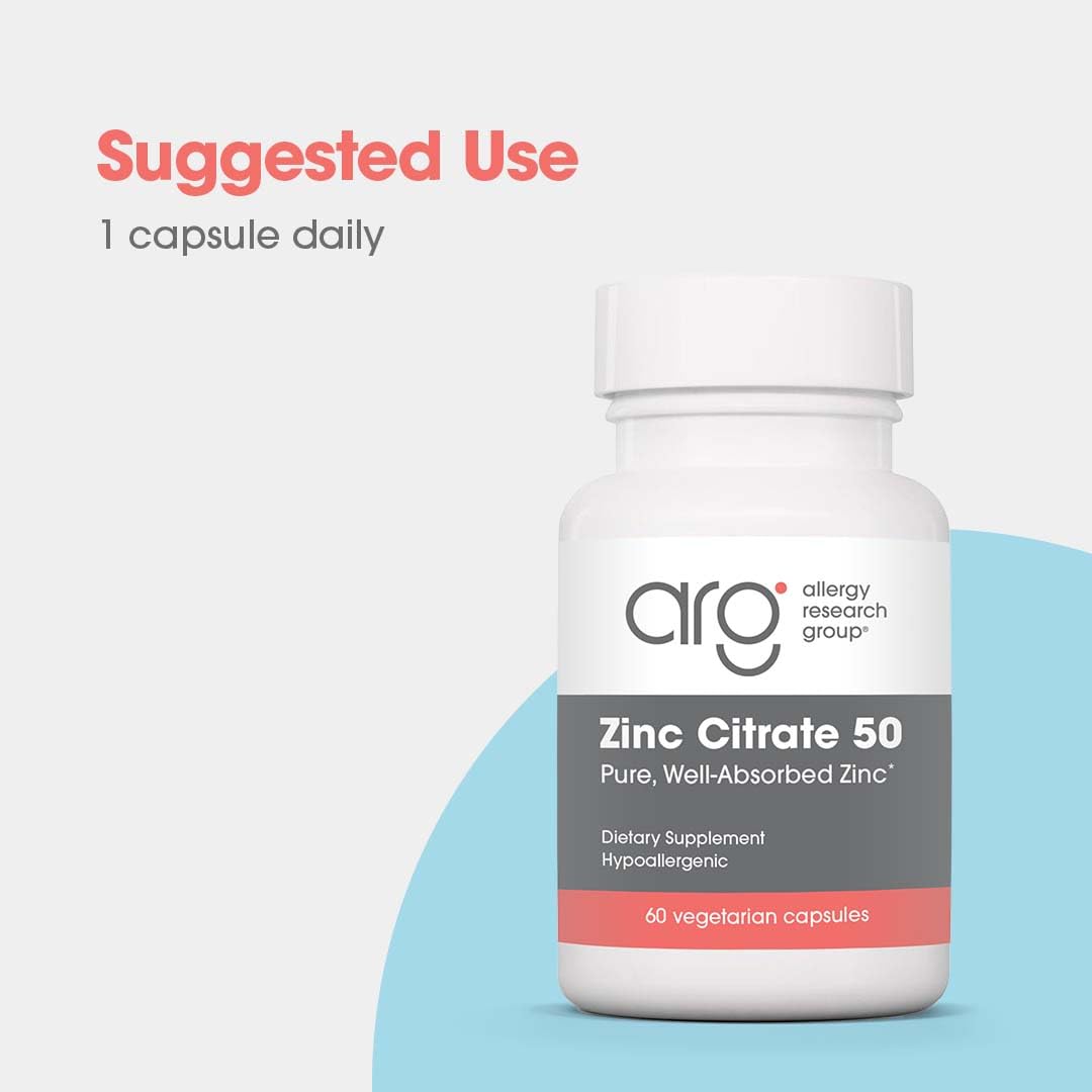 Allergy Research Group Zinc Citrate Supplement - Zinc for Men & Women, Immune Support, Pure, Well-Absorbed, Well-Tolerated, Trace Mineral, 50mg Vegetarian Capsules - 60 Count Nirvana Guru
