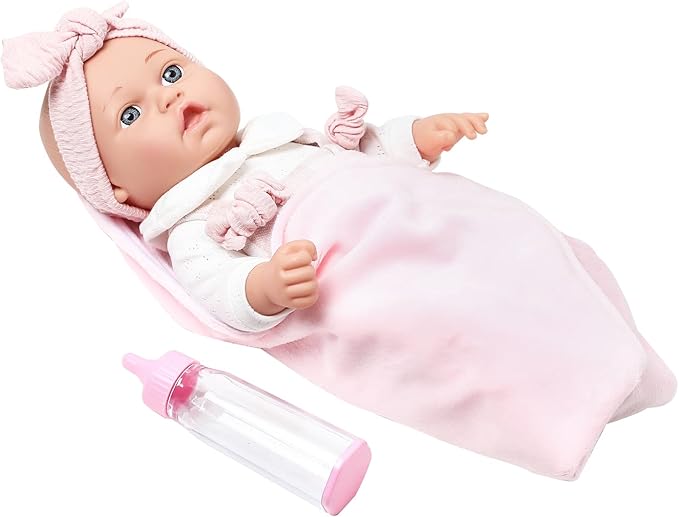 Enjoyin 12'' Baby Doll in Gift Box with Pink Cloths, Pacifier, 13''x13'' Microfabric Blanket, and Feeding Bottle. Gift Idea for Ages 3+ nirvanaguru