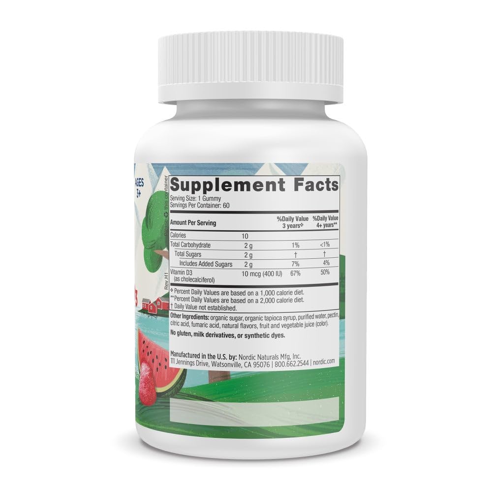 Nordic Naturals Vitamin D3 Gummies Kids, Wild Watermelon Splash - 120 Gummies - 400 IU Vitamin D3 - Bone Health, Healthy Immunity - Non-GMO, Vegetarian - 120 Servings - Nirvana Guru