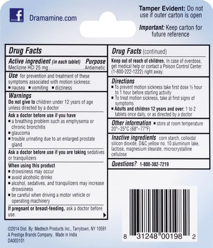 Dramamine All Day Less Drowsy, Motion Sickness Relief, 8 Count