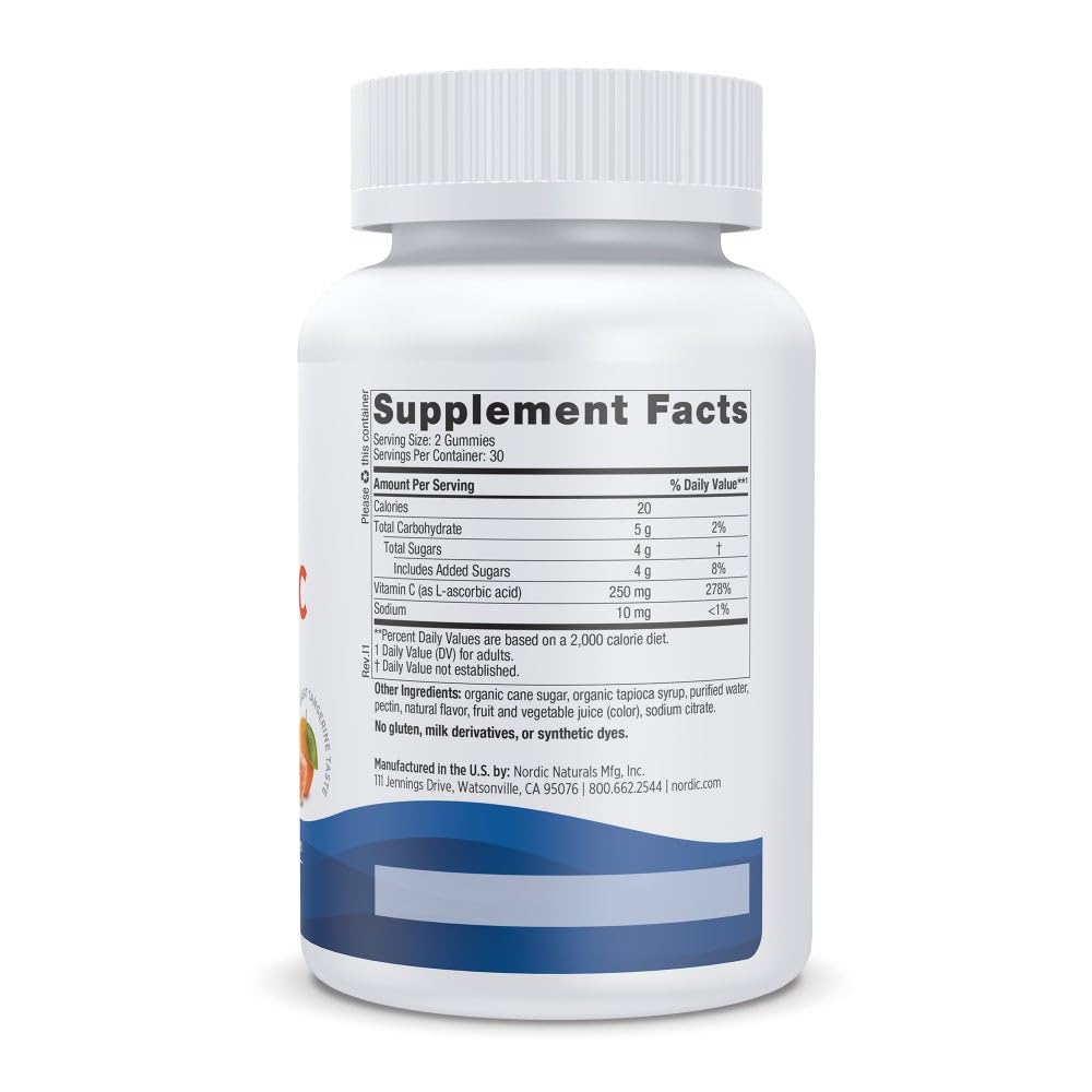Nordic Naturals Vitamin C Gummies, Tart Tangerine - 120 Gummies - 250 mg Vitamin C - Immune Support, Antioxidant Protection, Child Growth & Development - Non-GMO, Vegan - 60 Servings - Nirvana Guru