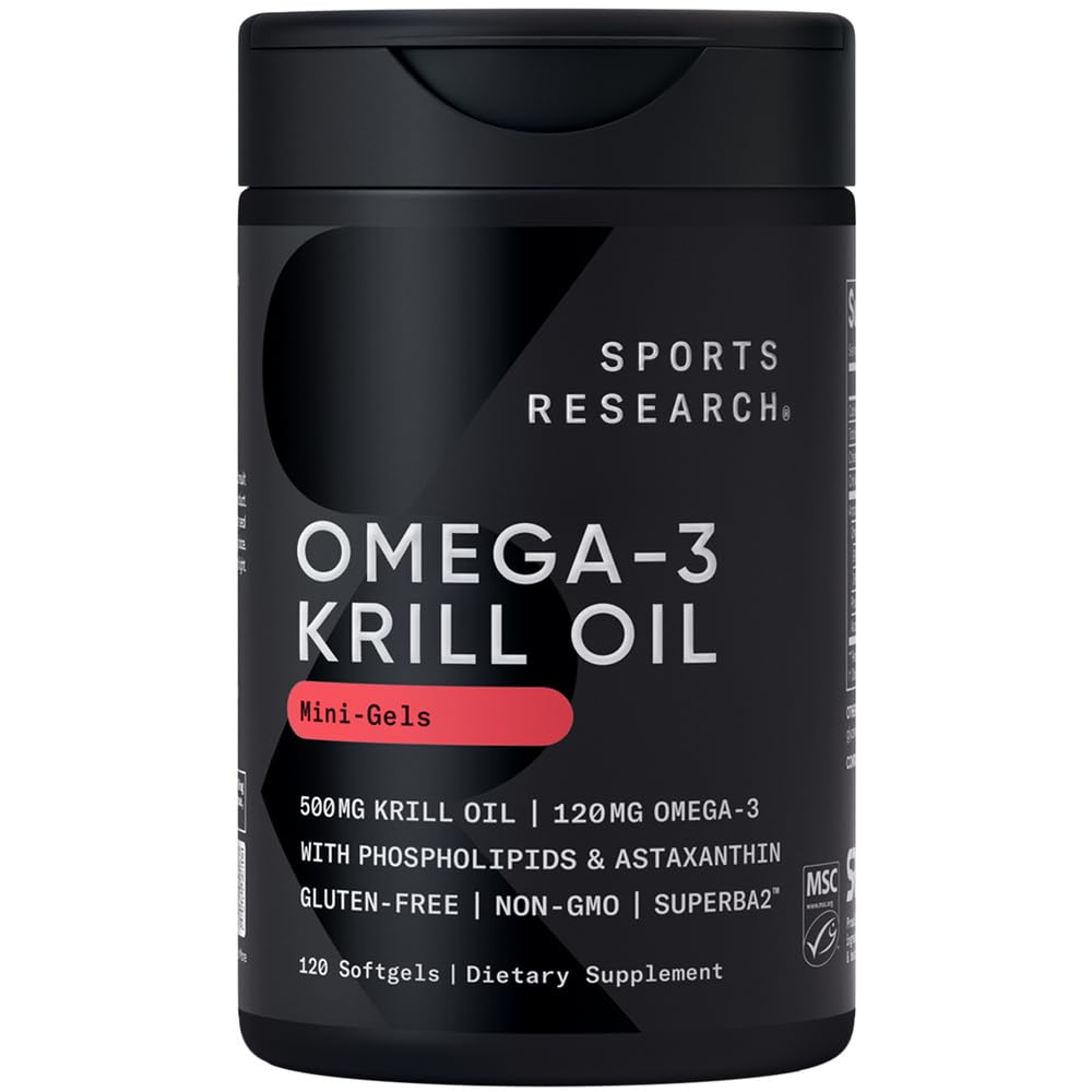 Sports Research® Omega-3 Krill Oil 500mg - Pure Antarctic Superba Krill with Phospholipids, Choline & Astaxanthin - MSC Certified Sustainable, Non-GMO & Gluten Free - 120 Mini-Gels - Nirvana Guru