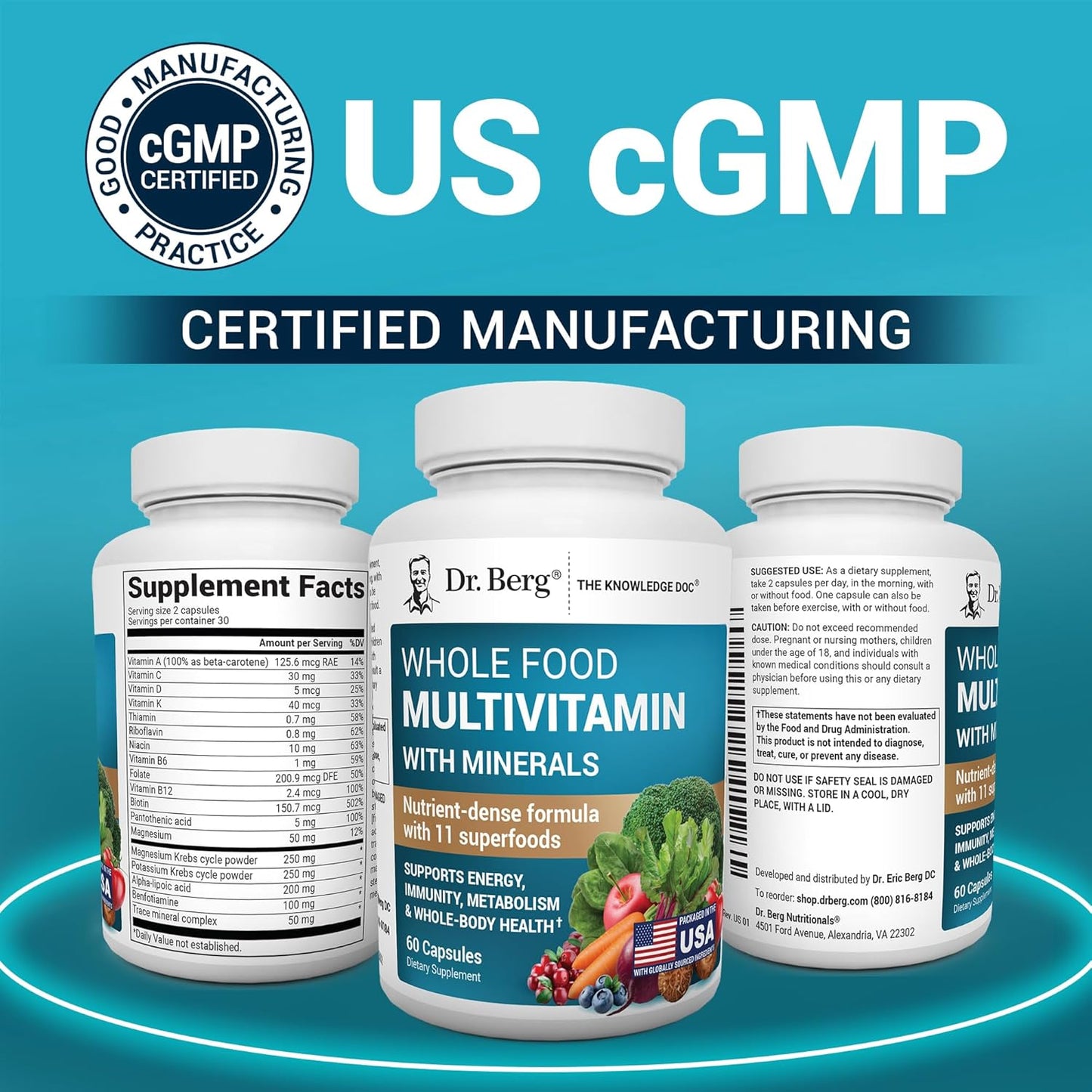 Dr. Berg Whole Food Multivitamin with Minerals - Daily Multivitamin for Men and Women - Includes Premium Whole Food Fruits and Vegetable Blend with Folate, Alpha-lipoic Acid and More - 60 Capsules - Nirvana Guru
