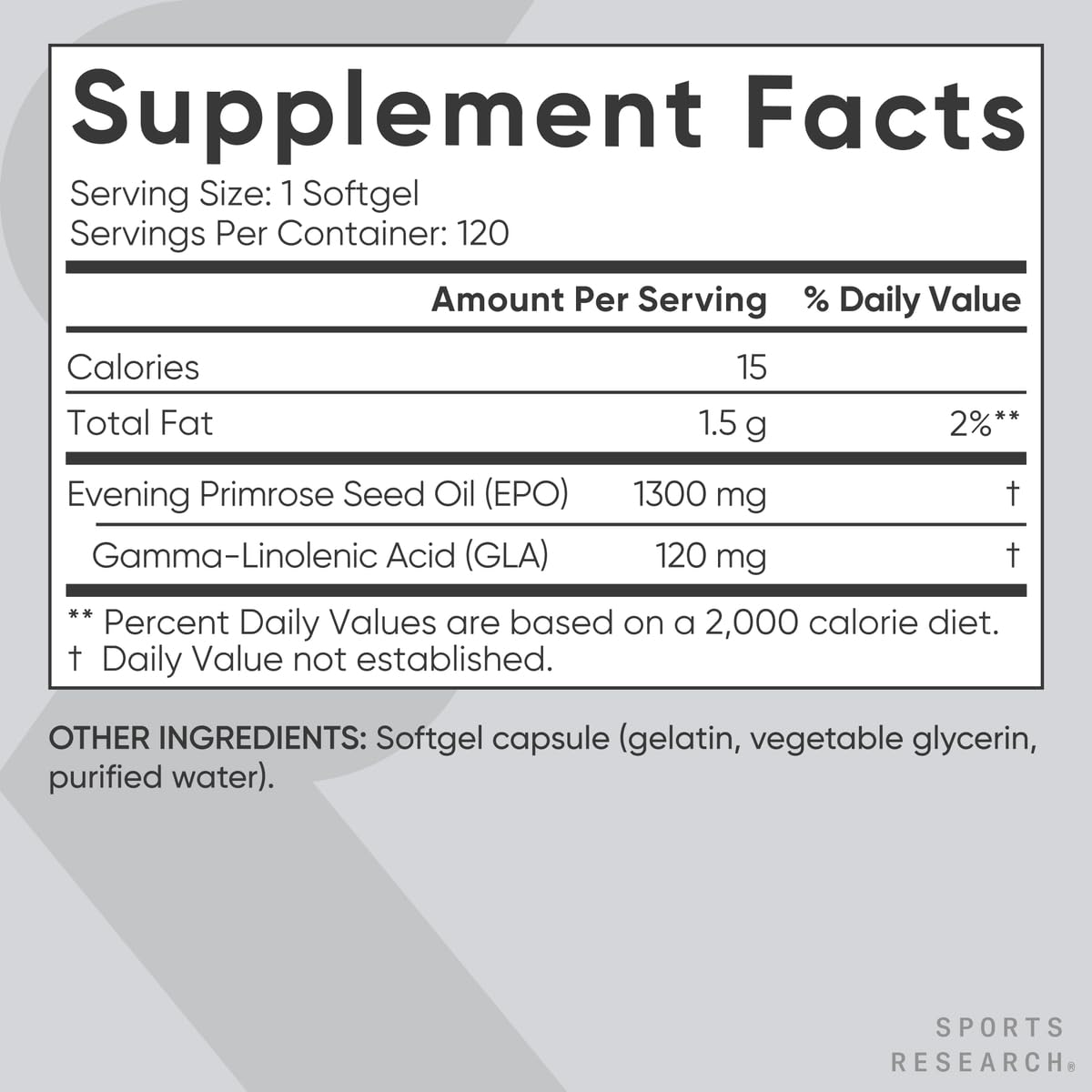Sports Research Evening Primrose Oil (1300mg) Cold-Pressed with No fillers or Artificial Ingredients, Non-GMO Tested - Gluten and Soy Free (120 Liquid Softgels) - Nirvana Guru