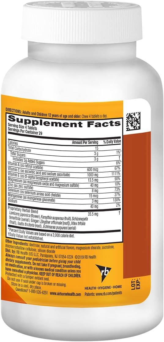 Airborne 1000mg Vitamin C + Zinc Immune Support Supplement Chewable Tablets, Citrus Flavor with Powerful Antioxidants Vitamins A C & E, 116 Chewable Tablets (2 Pack) Nirvana Guru