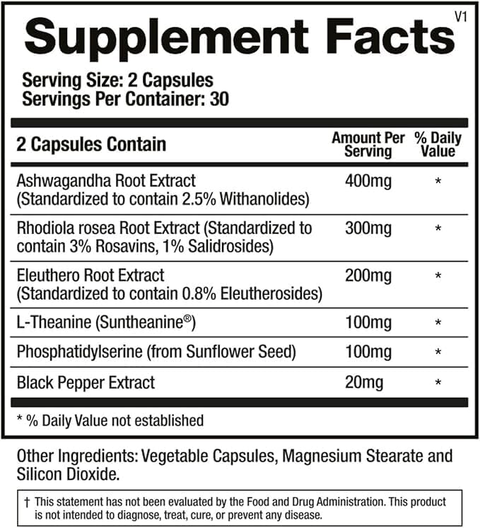 BioMatrix Adaptogen Supplement w/Ashwagandha, L-Theanine, Rhodiola, Ginseng | Cortisol Support, Stress Relief, Focus, Mood | 60 Capsules Nirvana Guru