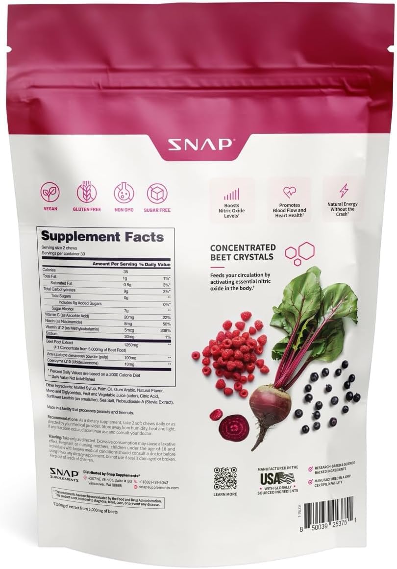 Snap Supplements Organic Beet Root Powder, Nitric Oxide Supplements for Men & Women, Beets, Pomegranate, B Vitamins & Red Spinach, Energy, Heart Health & Circulation Support, 30 Servings, Mixed Berry Nirvana Guru