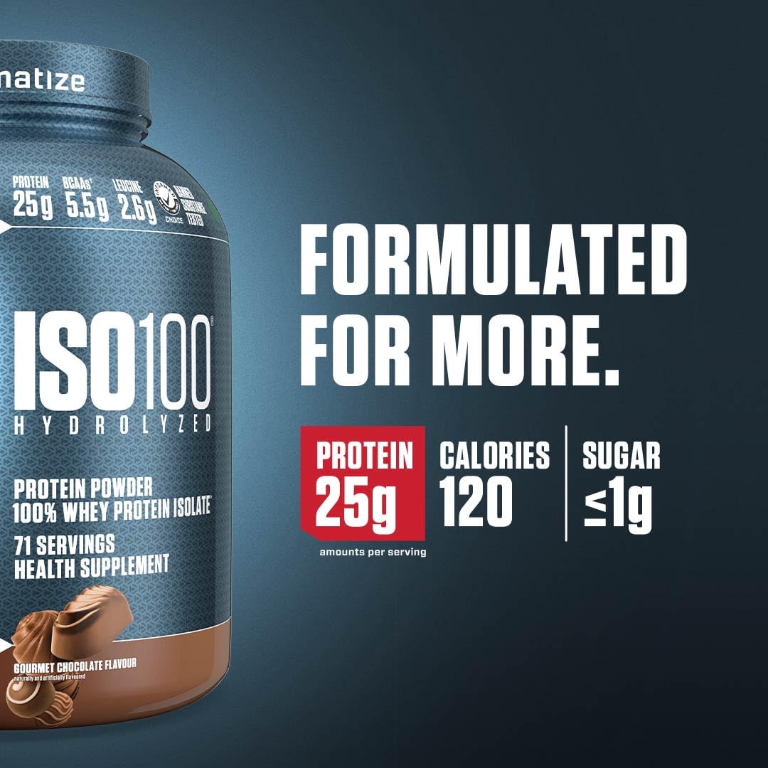 Dymatize ISO100 Whey Protein Powder Isolate, Gourmet Chocolate, 25g of Protein, 20 Servings, 5.5g BCAAs, Less Than 120 Cal., Gluten Free, 1g Fat, 1g Sugar, 2g Carb