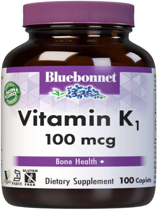 Bluebonnet Vitamin K1 100 mcg Supports Bone Health - Phylloquinone Crystalline Vitamin K Supplement - Non-GMO, Kosher Certified, Gluten-Free, Dairy-Free - 100 Vegan Caplets Nirvana Guru