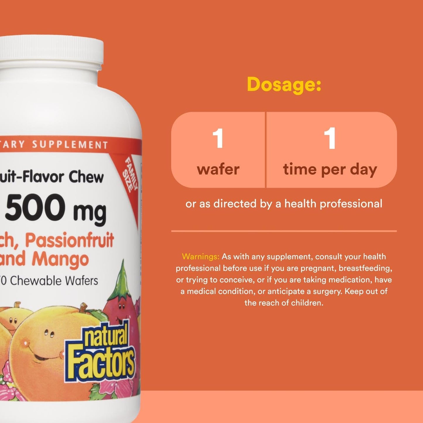 Natural Factors, Kids Chewable Vitamin C 500 mg, Supports Immune Health, Bones, Teeth and Gums, Tangy Orange, 180 Count (Pack of 1) - Nirvana Guru