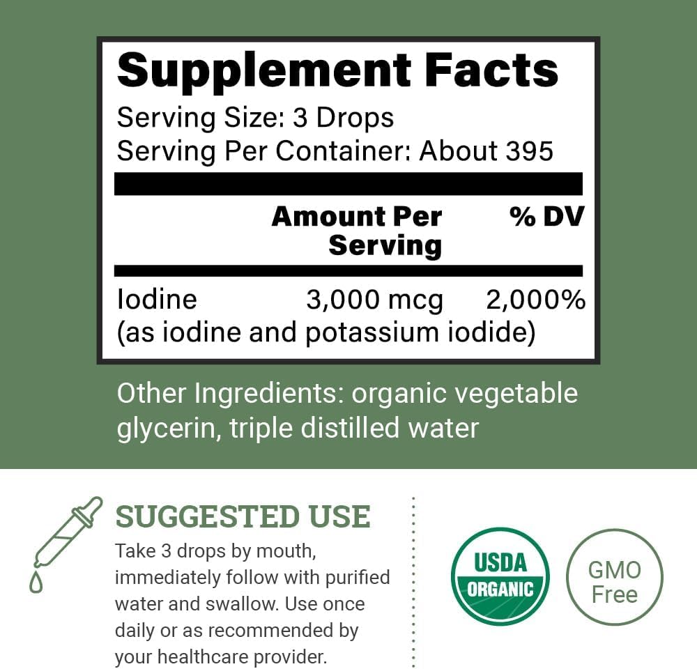 Organic Lugol's Iodine, Iodine and Potassium Iodide 2% Solution 3000 mcg - Liquid Supplement Drops for Thyroid Support for Women & Men, Metabolism Health, Detox Boost - Non-GMO, 395 Servings (2 Oz) Nirvana Guru