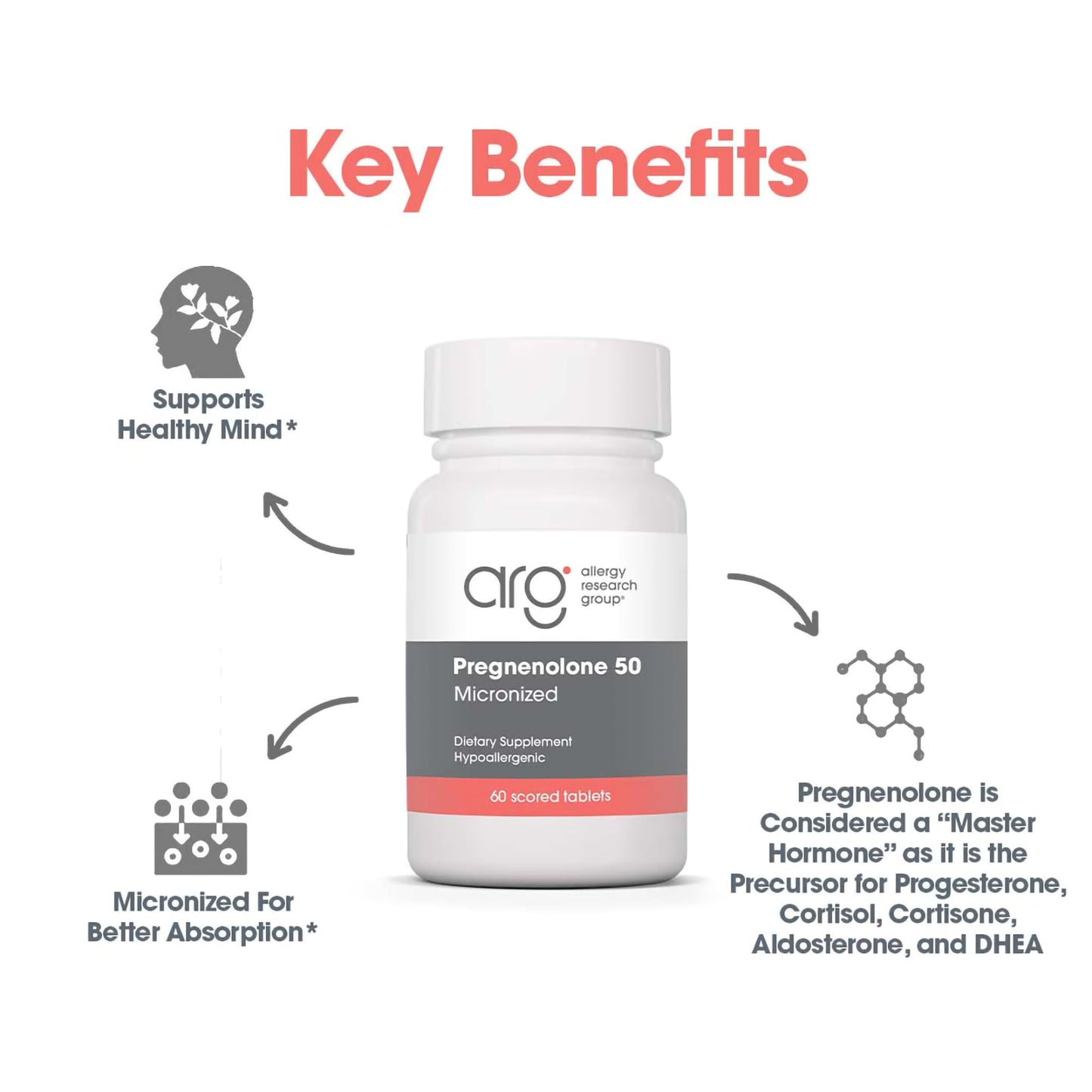 Allergy Research Group Pregnenolone Supplement - Progesterone Supplements 50mg, Hormone & Stress Support, Made from Non-GMO Wild Yam, Micronized Lipid Matrix, Plant-Sourced, Scored Tablets - 60 Count Nirvana Guru