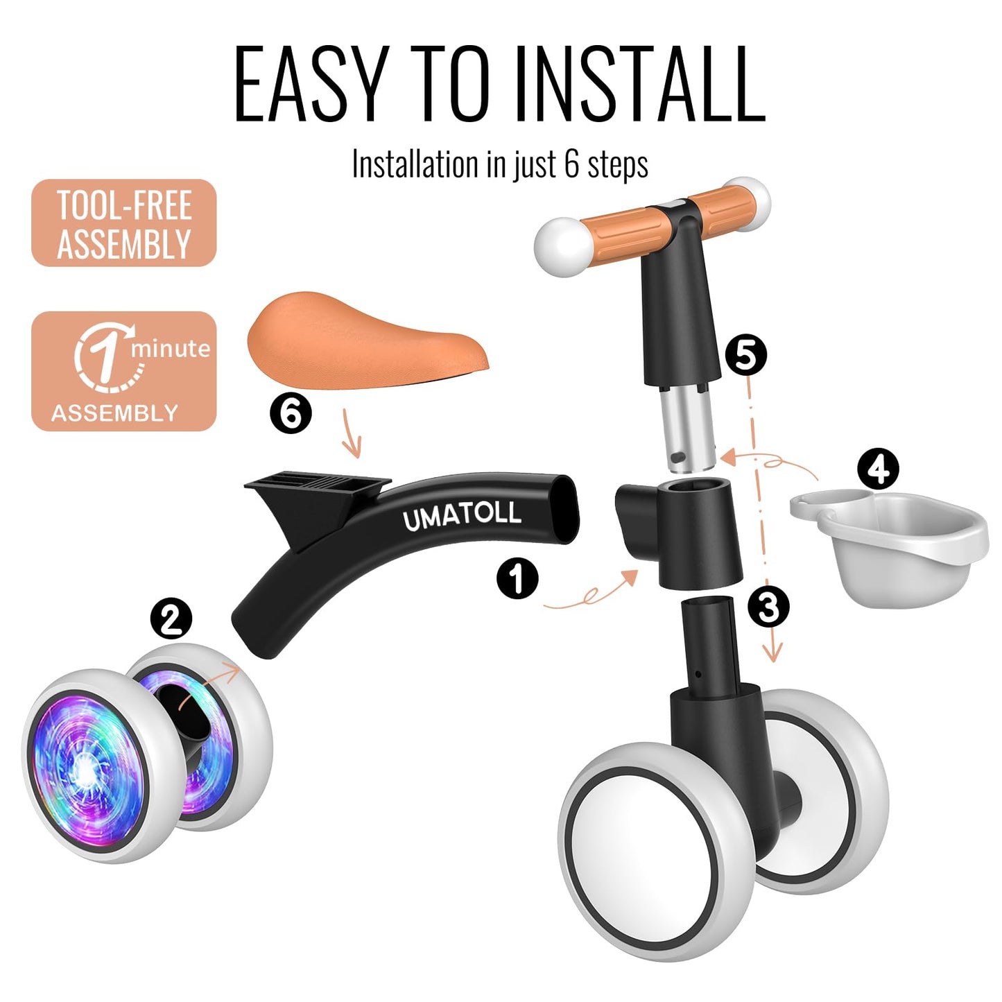 Umatoll Colorful Lighting Baby Balance Bike Toys for 1 Year Old Girls Gifts, Adjustable Seat, 1st Birthday Gifts, 12-24 Months Toddler Bike, Pink Nirvana Guru