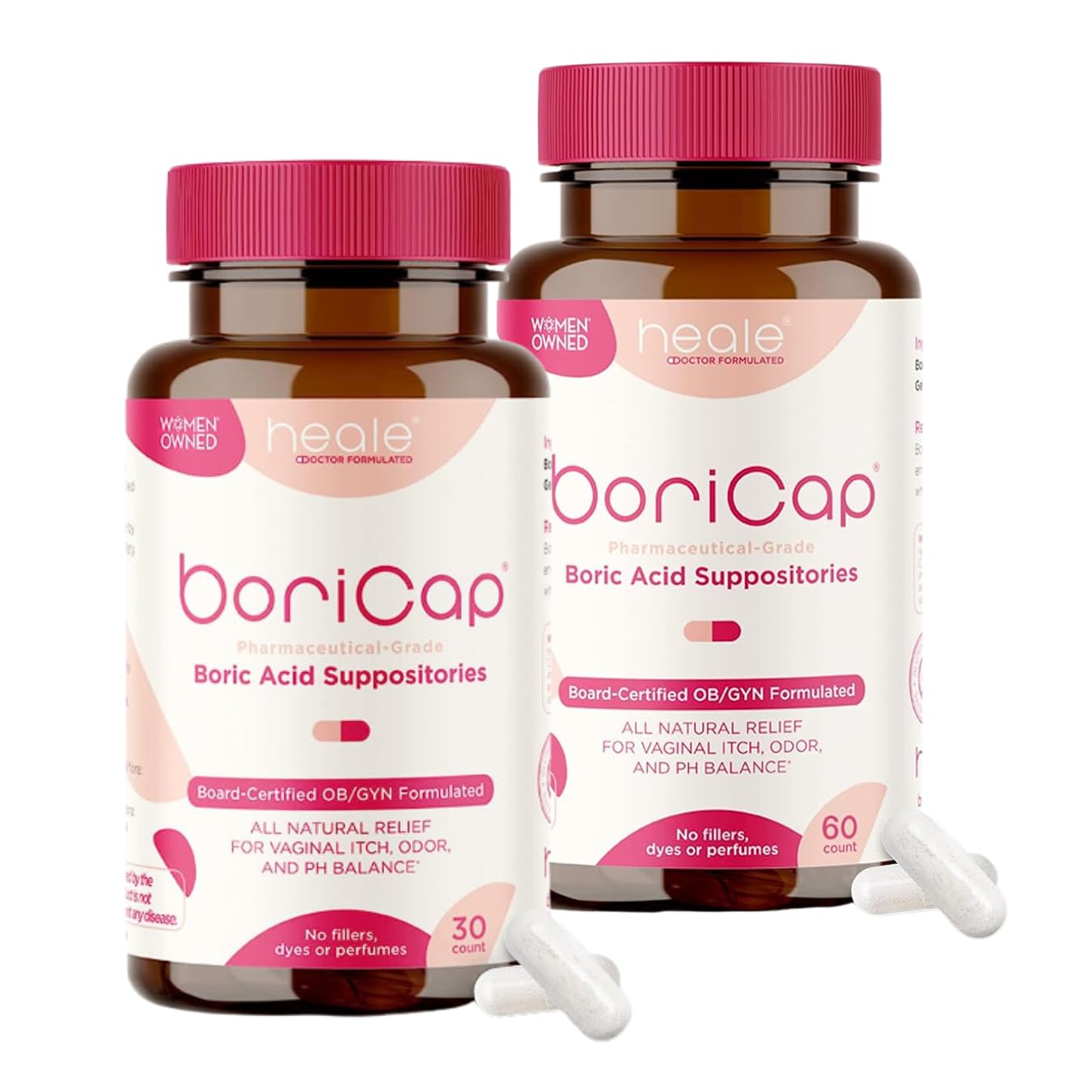 BoriCap - Boric Acid Suppositories for Women - 600 mg - Vaginal Health, Itch & Odor - Natural - Feminine Care - by Heale - Women Owned - Made in The USA - 90 Capsules