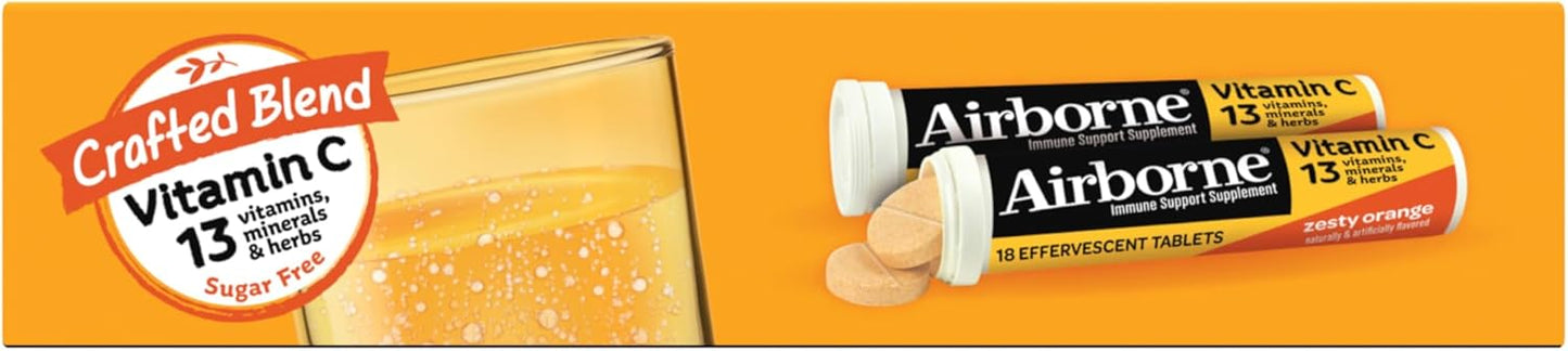 Airborne 1000mg Vitamin C + Zinc Sugar Free Multivitamin Immune Support Effervescent Fizzy Drink Tablets, Zesty Orange Flavor with Powerful Antioxidants Vitamins A C & E, 30 Tablets (3 Pack) Nirvana Guru