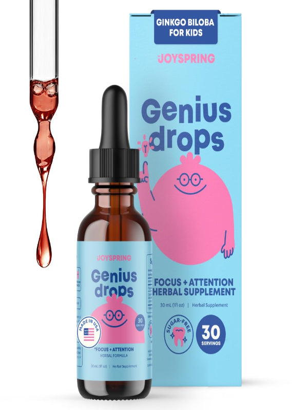 JoySpring Genius Drops for Kids | Clinically Proven Focus Supplement | Liquid Herbal Focus Supplement with Ginkgo Biloba for Kids (1 fl oz) 30 Servings Nirvana Guru