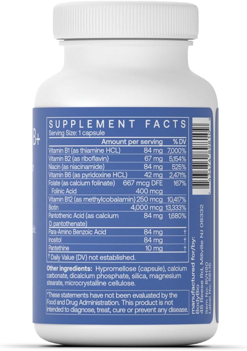 BodyBio - Vitamin B Complex Including B1, B2, B3, B5, B6, Methyl B12, Folinic Acid, 5-MTHF, and B7 to Supports Alertness, Metabolism & Immune System, 90 Capsules Nirvana Guru