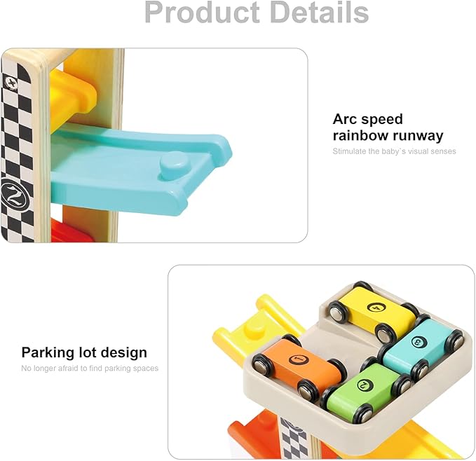 Toddler Toys for 1 2 Year Old Boy and Girl Gifts Wooden Race Track Car Ramp Racer with 4 Mini Car nirvanaguru