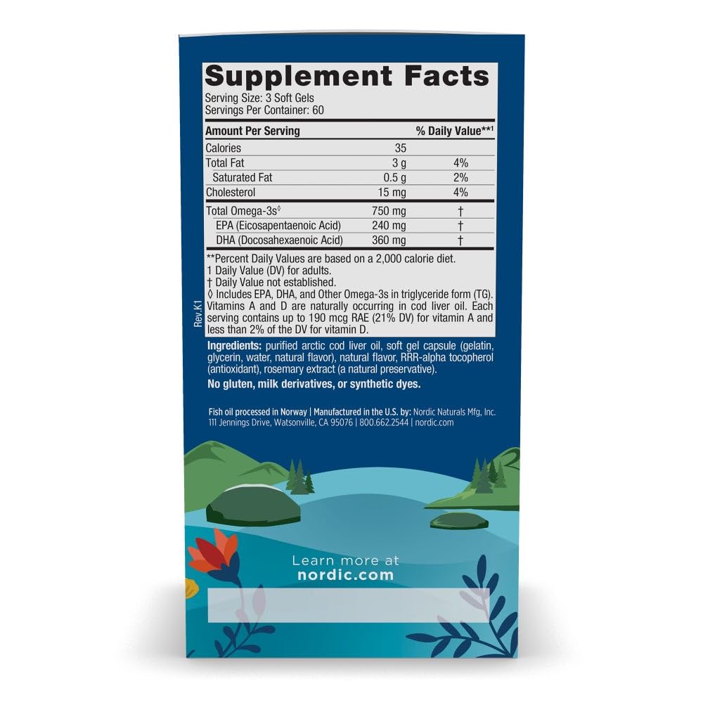 Nordic Naturals Arctic Cod Liver Oil, Lemon - 180 Soft Gels - 750 mg Total Omega-3s with EPA & DHA - Heart & Brain Health, Healthy Immunity, Overall Wellness - Non-GMO - 60 Servings - Nirvana Guru