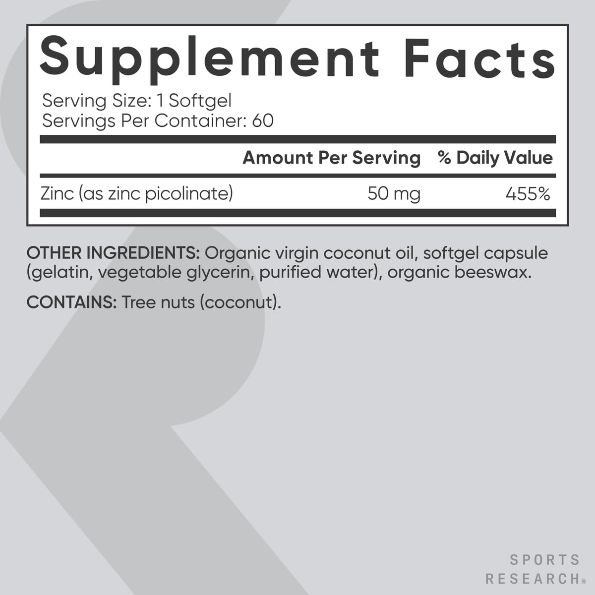 Sports Research Zinc Picolinate 50mg with Organic Coconut Oil | Highly Absorbable Zinc Supplement for Healthy Immune Function - Non-GMO Verified, Gluten & Soy Free (60 Liquid Softgels) - Nirvana Guru