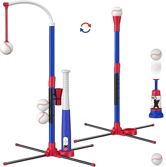 3-in-1 Baseball Set for Kids 3-5 - Tee Ball Stand, Hanging Tee, Ball Launcher and 6 Softballs - Adjustable Height, Indoor/Outdoor Sport Gifts for Boys Girls, Blue nirvanaguru