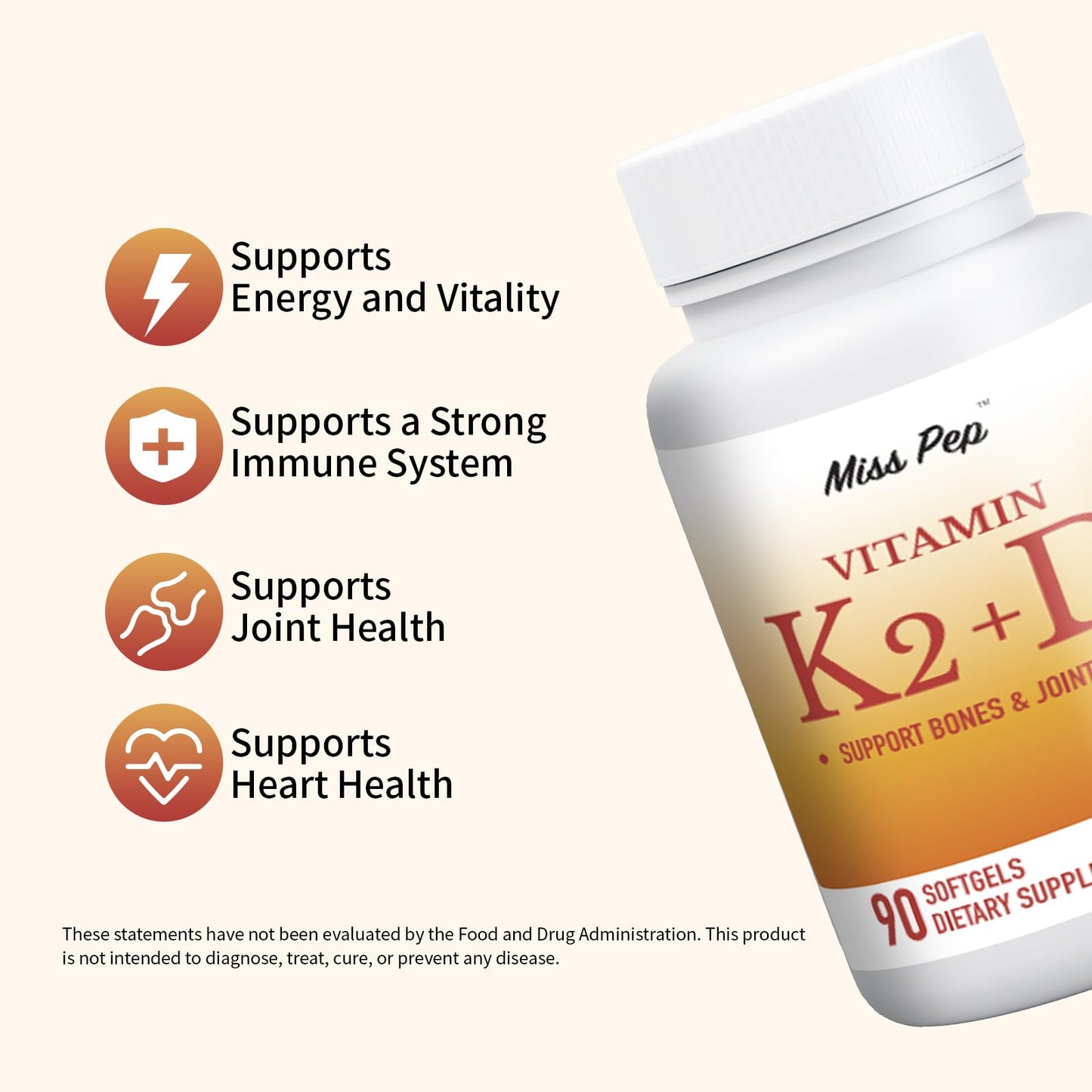 Misspep Vitamin D3 K2, 5000 IU D3 and 100 mcg K2 (MK-7), with Sunflower Oil Softgels, 90 Softgels, 2-in-1 Formula, Easy to Absorb and Swallow (1 Bottle)
