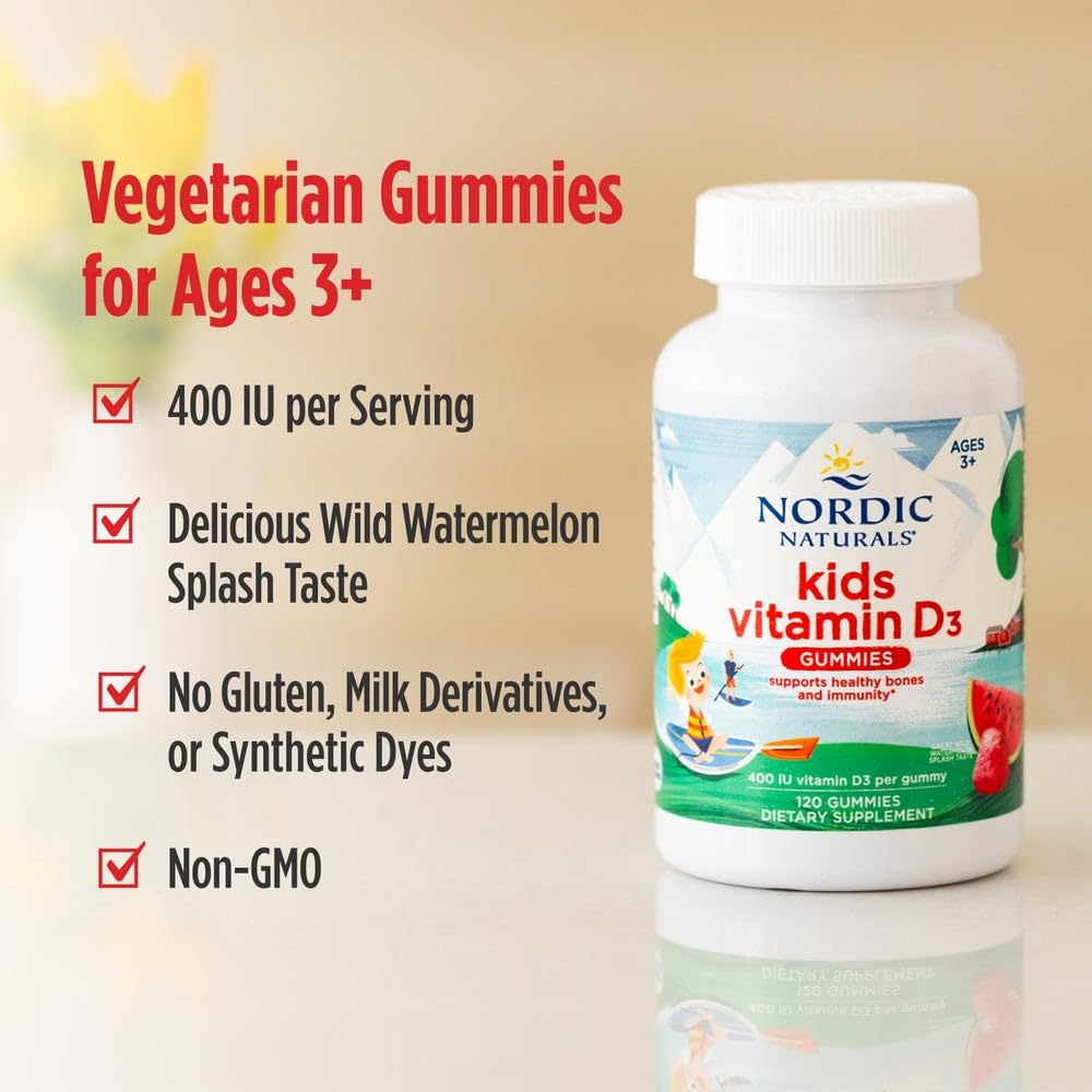 Nordic Naturals Vitamin D3 Gummies Kids, Wild Watermelon Splash - 120 Gummies - 400 IU Vitamin D3 - Bone Health, Healthy Immunity - Non-GMO, Vegetarian - 120 Servings - Nirvana Guru
