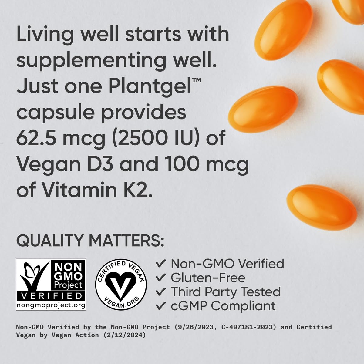 Sports Research® Vitamin D3 + K2 with Coconut MCT Oil | Vegan D3 2500iu (62.5mcg) & Plant Based Vitamin K2 100mcg | Vegan Certified, Soy & Gluten Free - 60 Softgels - Nirvana Guru