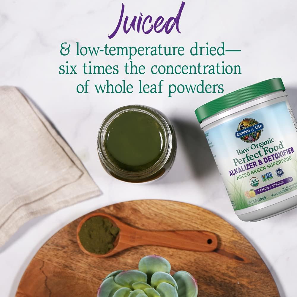Garden of Life Raw Organic Perfect Food Alkalizer & Detoxifier Juiced Greens Superfood Powder - Lemon Ginger, 30 Servings - Non-GMO, Gluten Free Whole Food Dietary Supplement, Plus Probiotics - Nirvana Guru