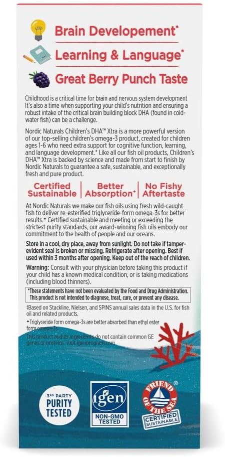 Nordic Naturals Children’s DHA Xtra, Berry Punch - 2 oz for Kids - 880 mg Total Omega-3s with EPA & DHA - Cognitive & Immune Function, Learning, Social Development - Non-GMO - 48 Servings - Nirvana Guru