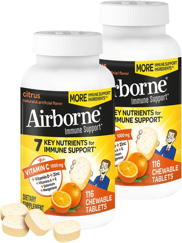 Airborne 1000mg Vitamin C + Zinc Immune Support Supplement Chewable Tablets, Citrus Flavor with Powerful Antioxidants Vitamins A C & E, 116 Chewable Tablets (2 Pack) Nirvana Guru