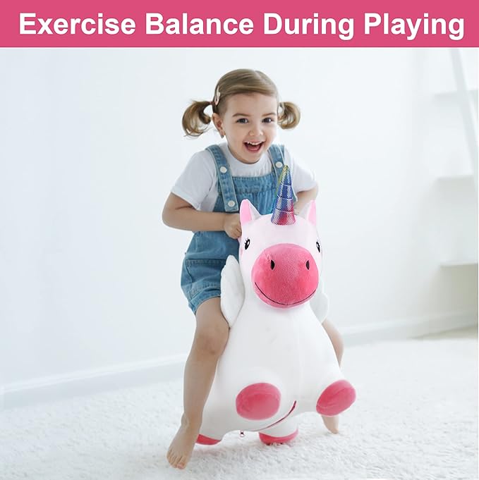 iPlay, iLearn Bouncy Pals Hopping Unicorn Horse, Toddler Girl Inflatable Bouncing Animal Hopper Toy, Outdoor Indoor Plush Ride on Bouncer, Baby Birthday Gift 18 Month 2 3 4 Year Old Kid - Unicorn Nirvana Guru