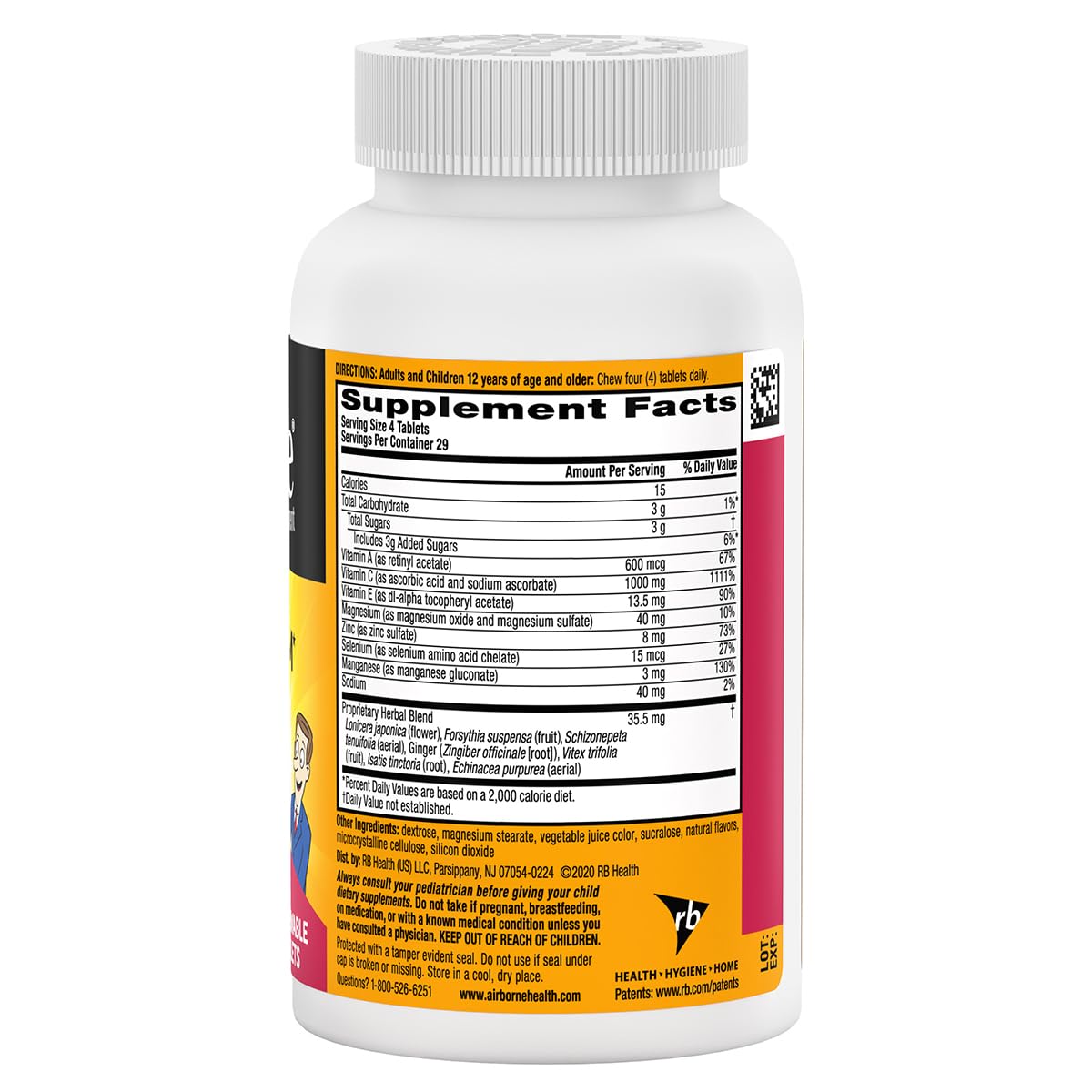 Airborne 1000mg Vitamin C + Zinc Immune Support Supplement Chewable Tablets, Very Berry Flavor with Powerful Antioxidants Vitamins A C & E, 116 Chewable Tablets (2 Pack) Nirvana Guru