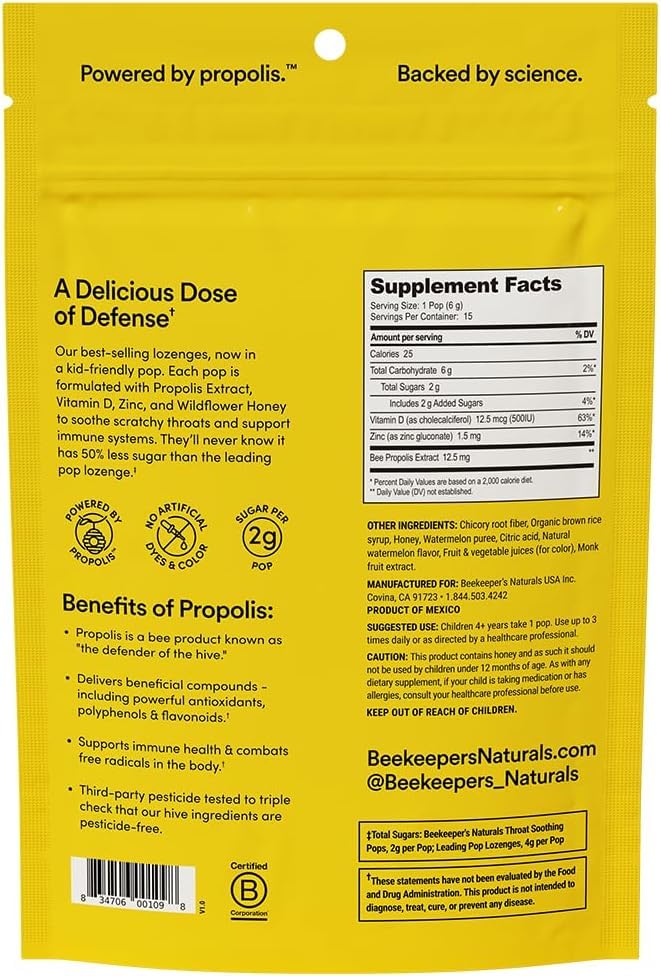 Kids Throat Soothing Lollipops by Beekeeper's Naturals - Doctor Formulated Immune Support, Vitamin D & Honey, Under 2g Sugar, Clean Ingredients,15 ct Nirvana Guru