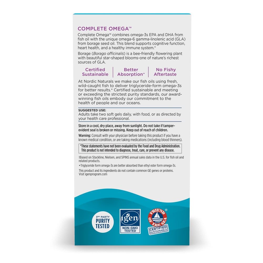 Nordic Naturals Complete Omega, Lemon Flavor - 180 Soft Gels - 565 mg Omega-3 - EPA & DHA with Added GLA - Healthy Skin, Cognition, & Positive Mood - Non-GMO - 90 Servings - Nirvana Guru